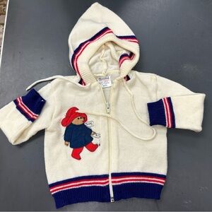 Vintage Quiltex Paddington Bear Cream Knit Hoodie with Red and Blue Accents